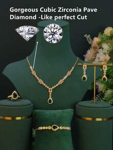 5pcs 18K Gold Plated Elegant Bridal Jewelry Set, Handcrafted With Green Cubic Zirconia, Including Necklace, Bracelet, Earrings, Ring, Suitable For Daily Wear And Wedding Ceremony, Wedding Anniversary Gift - Water Droplet Design Set - View 4
