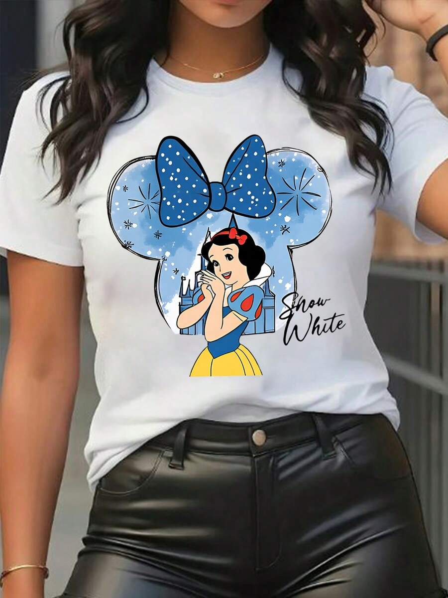 Disney Original Licensed Snow White Mickey Mouse Ear Snowflake Pattern Summer New Short Sleeve T-Shirt Top Women's Casual Fashion Printed T-Shirt Women's - 白色 - 查看 1