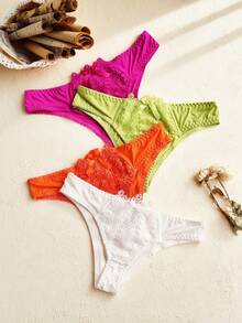 5pcs Sexy Lace Solid Color Triangle Panties, Bow Design, Comfortable Low Waist Underwear Set - Multicolor - View 2