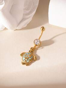 GEREIT 1pc Fashionable Summer Vacation Ocean Style 18K Gold Plated Stainless Steel Zirconia Sea Turtle Women's Belly Ring, Suitable For Daily Beach Vacation Wear - Multicolor - View 2