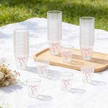 20PCS Plastic Pink Bow Wine Glasses, Cute Bow Hard Plastic Mini Wine Cups, Transparent Beverage Tasting Sample Cups, Suitable For Home, Office, Bar, Restaurant, Birthday Party, Wedding, Bridal Gift, Bachelorette Party, Etc., Can Hold Espresso, Wine, Cocktails, Etc. - View 1