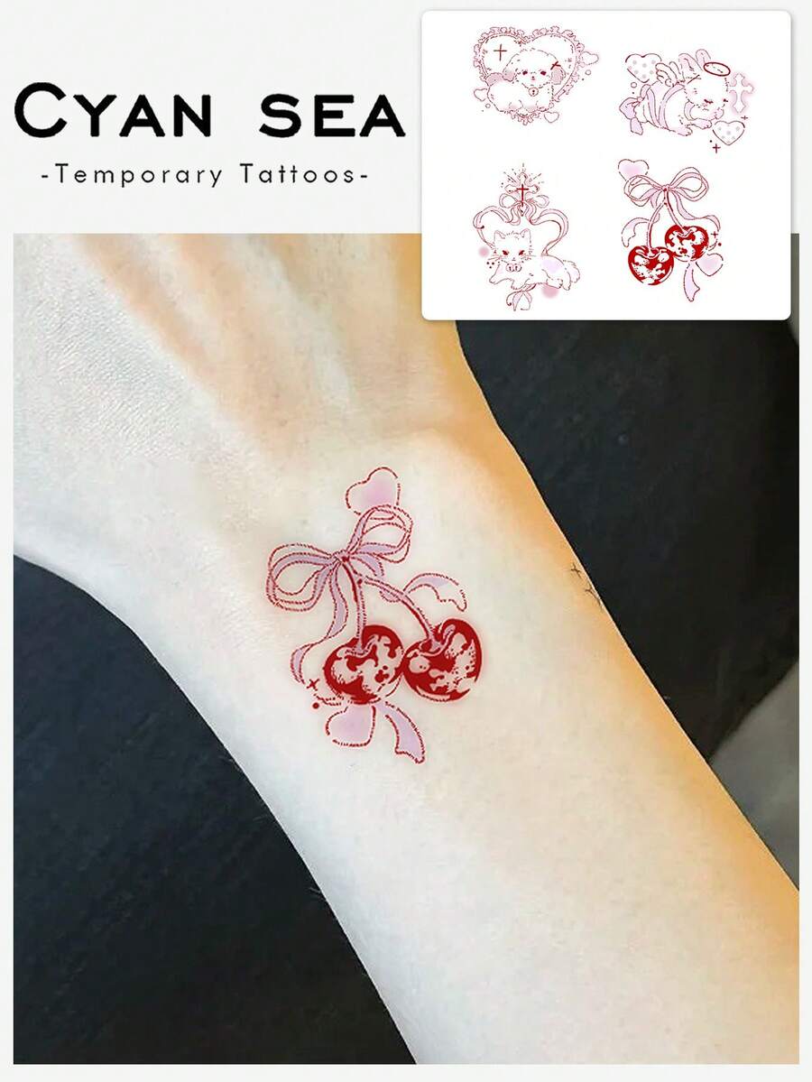 1pc Cute Cool Red Line Cute Animal Cherry Combination Pattern Tattoo Sticker, Temporary Tattoo Sticker, Simulated Tattoo Design, Suitable For Travel, Music Festival, Games, Graduation Gifts, Lasts For 3-5 Days - Multicolor - View 1