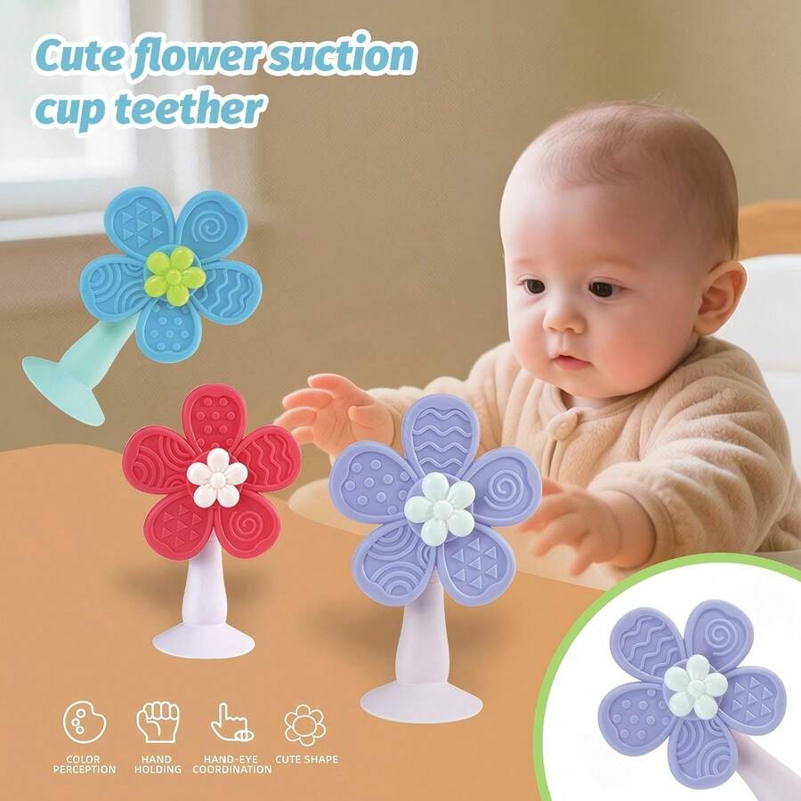 1 buah Mainan Gigit Bayi dengan Perekat Bentuk Bunga, Mudah Digenggam dan Dibersihkan, Mainan Kursi Bayi/Meja dengan Perekat Silikon, Mainan Sensorik Multifungsi, Hadiah Sempurna untuk Bayi Baru Lahir - MultiWarna - View 1