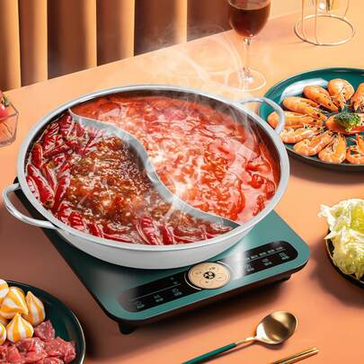 34cm Stainless Steel Hotpot Pot With Divider, Divided Shabu Shabu Pot, Dual Flavor Soup Pot, 2 Chambers Hotpot Cookware With Glass Lid, Double Chamber Soup Pot, Inner Diameter For Family