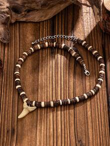 1pc Fashion Bohemian Style Tooth Pendant Coconut Shell Beaded Necklace For Men, Daily, Party, Vacation Wear - Brown - View 8