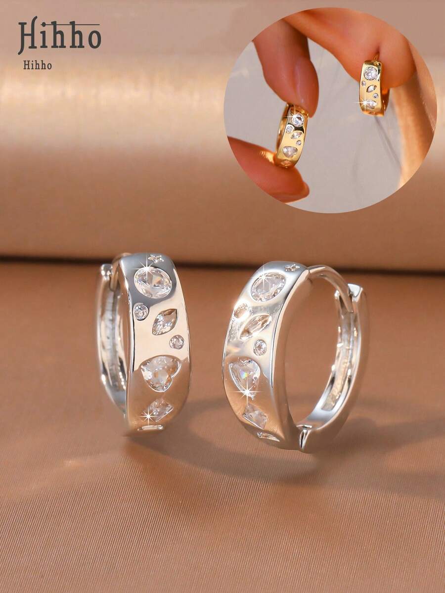 Hihho زوج واحد من أقراط النحاس المطلية بالذهب/الفضة بأسلوب أنيق وبسيط مع زخارف قلب وقطرة غير متماثلة من الزركونيا لتأثير براق، مناسبة لارتداء النساء اليومي والتنقل والمواعدة - الأقراط - مشاهدة 1