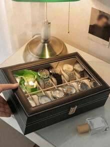 1 pieza Caja de reloj, Caja de almacenamiento de relojes de cuero PU de 12 compartimentos, Caja organizadora de relojes, Caja de almacenamiento de joyas, Caja de exhibición de relojes, Caja de relojes para hombres y mujeres - Multicolor - Ver 4