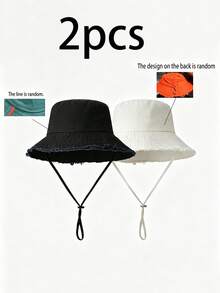 1 pieza Sombrero de cubo con cordón decorativo para mujer, diseño de correa ajustable para la barbilla, efecto desgastado, tela suave, protección contra el sol y el viento, de moda y versátil, adecuado para viajes, playa, vacaciones y uso casual diario - Multicolor - Ver 17