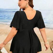 dahkjdgajy Swim Lushoire Traje de baño de 2 piezas para mujer talla grande, de unicolor, con almohadillas extraíbles, detalles de herrajes metálicos elegantes, brazalete hueco con volantes, Bottom triangular de cintura alta, estilo casual de resort para playa - Negro01 - Ver 3