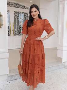 Women's Elegant Floral Embroidered Lace Midi Dress, 100% Cotton, With Puff Sleeves, Front Buttons And Full Skirt - Romantic And Sophisticated Look, Summer 2025 - 紅陶 - 查看 3