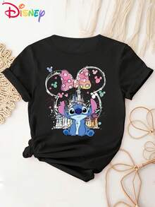 Disney-Licensed! Popular Disney Mickey Mouse Stitch Printed Women's T-Shirt, Casual And Stylish Round-Neck Short-Sleeve Summer Top, Anime Cartoon Sweatshirt, Perfect For Daily Outdoor Leisure Use. - 黑色 - 查看 3