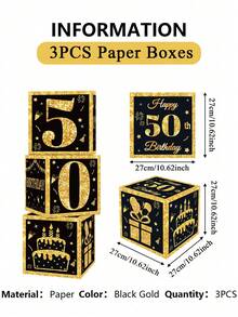 3个黑色金色生日纸盒，适用于18/30/40/50/60/70/75/80岁生日派对装饰，40/50/60岁生日用品，生日快乐派对装饰，家庭派对背景装饰盒，派对背景装饰，摄影道具，礼品包装盒 - 彩色 - 查看 12