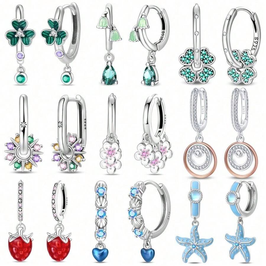 Un par de pendientes de plata de ley 925 con diamantes que presentan diseños originales de lágrima, trébol de cuatro hojas, flor, estrella de mar y fresa. Estos pendientes colgantes de circonita cúbica de colores ofrecen un aspecto fresco y versátil que es a la vez lujoso y delicado. Perfectos para el uso diario y para complementar, emanan un encanto alegre. - Multicolor - Ver 1