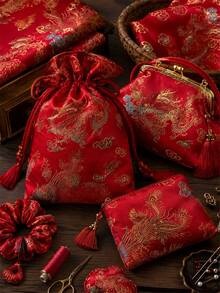 Luxury Red Chinese Dragon Phoenix Jacquard Brocade Fabric, Lustrous Satin Brocade With Dragon Phoenix & Cloud Jacquard, Soft, Drapable & Breathable, Great For Costumes, Quilting, Decor, And Crafts, 50cm/1yard/3yard/5yard - 1 - View 11