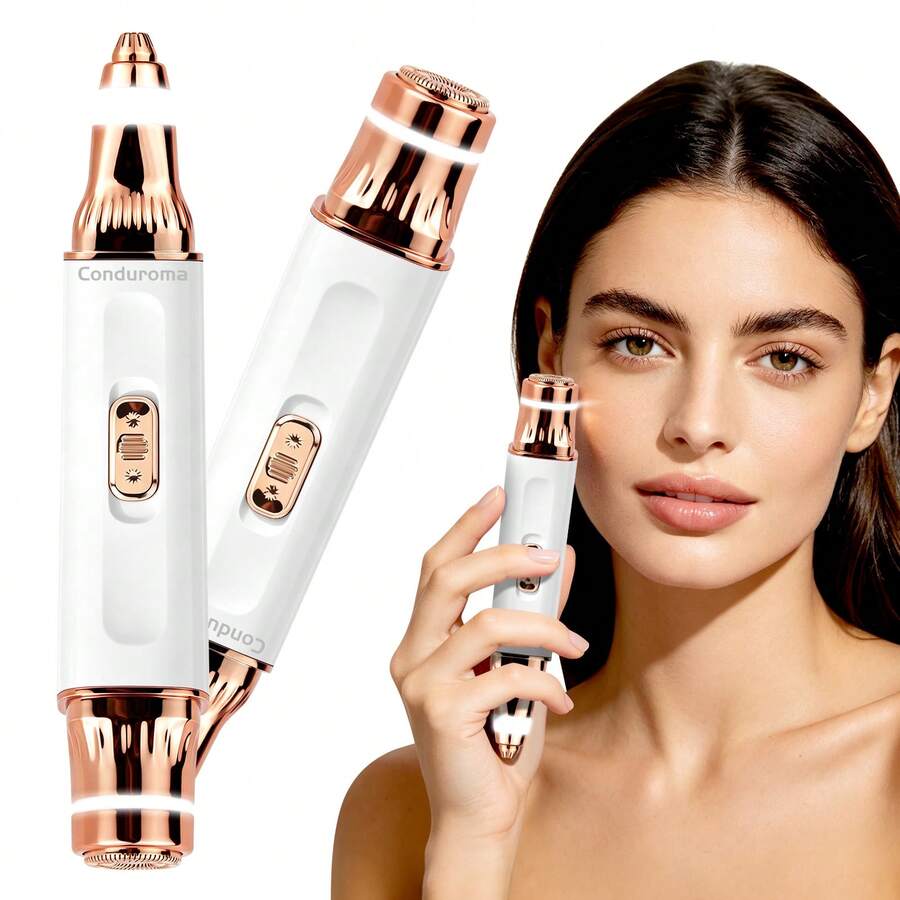 Conduroma 2-In-1 Facial Hair Remover & Eyebrow Trimmer For Women – Dual Heads Dual Functions No Head Swapping Needed – Painless Face Hair Shaver For Lip Chin Cheek Forehead – 360° Ring LED Light USB-C Rechargeable. - Multicolor - View 1