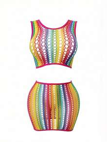 Women's Sexy Mesh Dance Wear Pajama Set Mini Dress Nightgown Robe - Multicolor - View 4