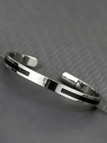 Minimal Prayer Hand Cuff Bangle For Men,Stainless Steel,Black Inlay & Engraved Pattern Open Bracelet,For Daily Wear,Birthday Gifts - Silver - View 5