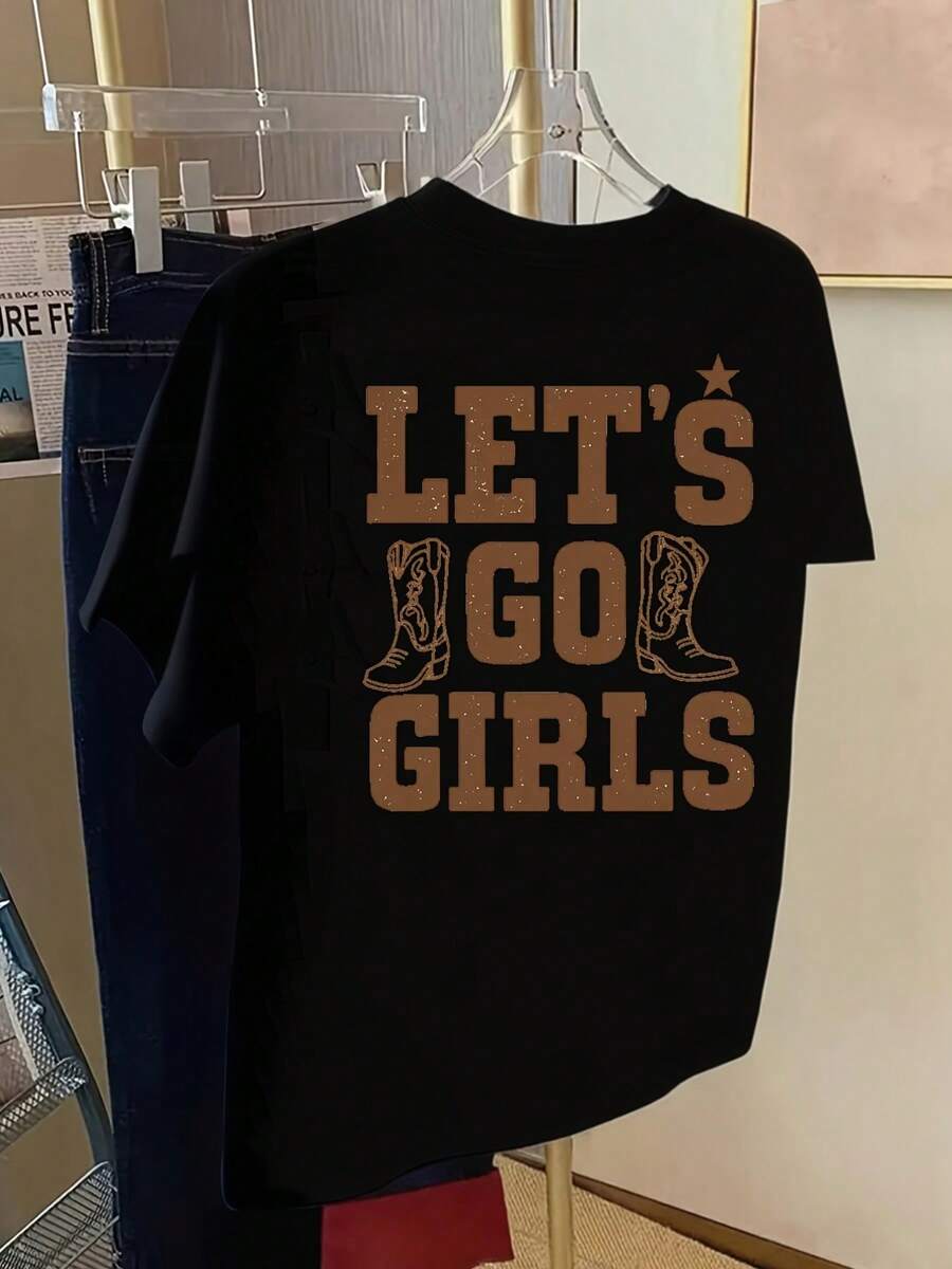 Premium Crew Neck T-Shirt With Letter Print On The Back, Casual Sporty Style For Women, Short Sleeve Spring/Summer, - Hitam - View 1