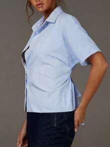 Blue & White Striped Sleeveless Lapel Plus Size Blouse Loose Fit Casual Top Summer - Blue and White Stripes - View 2