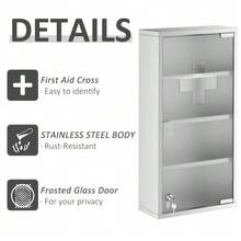 Medicine Cabinet, First Aid Cabinet With Lock, Stainless Steel, 30 X 12 X 60 Cm - 銀色 - 查看 6