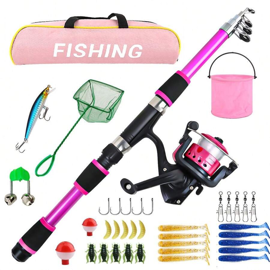 KecchKrezing Pink Telescopic Fishing Rod And Reel Set, Pre-Installed Spinning Reel With Complete Beginner Fishing Accessories, Includes Pink Portable Storage Bag, Suitable For Beginner Outdoor Fishing Gear