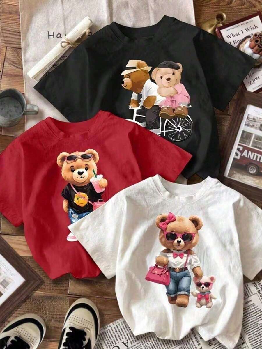 1 Women's Short Sleeve Crew Neck T-Shirt, Featuring A Creative Bear Design And Seasonal Embellishments, Eye-Catching And Stylish, Loose Fit And Crew Neck Design, Suitable For Everyday Wear And An Ideal Choice For The Whole Family. - 黑色 - 查看 1