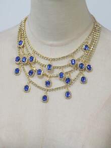 Multi-Layer Asymmetrical Rhinestone Necklace, Bridal Wedding Jewelry Necklace Accessory - Blue - View 3