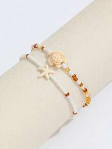 2Pcs Boho Starfish Turtles Conch Seed Beads Chain Anklet For Women Summer Beach Sweet Ankle Barefoot Jewelry Accessories - Multicolor - View 2