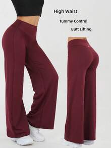 Women's Spring And Summer High Waisted Sports And Leisure Yoga Outdoor Wide Leg Pants, High Waisted Design, Loose Hanging, Daily Slimming, Versatile Solid Color, Suitable For Outdoor Sports, Fitness Yoga, Commuting, And Street Wear - 酒紅色 - 查看 1