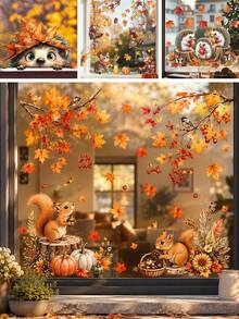 1/6pcs/Set Autumn Window Clings, Cute Squirrel With Pumpkins Fall Tree Decals, Thanksgiving Harvest Festival Static Stickers For Home Kitchen Living Room Kid's Room Decor, Removable No Glue Needed Autumn Maple Leaf Bird Decor For Glass Door - Multicolor - View 1