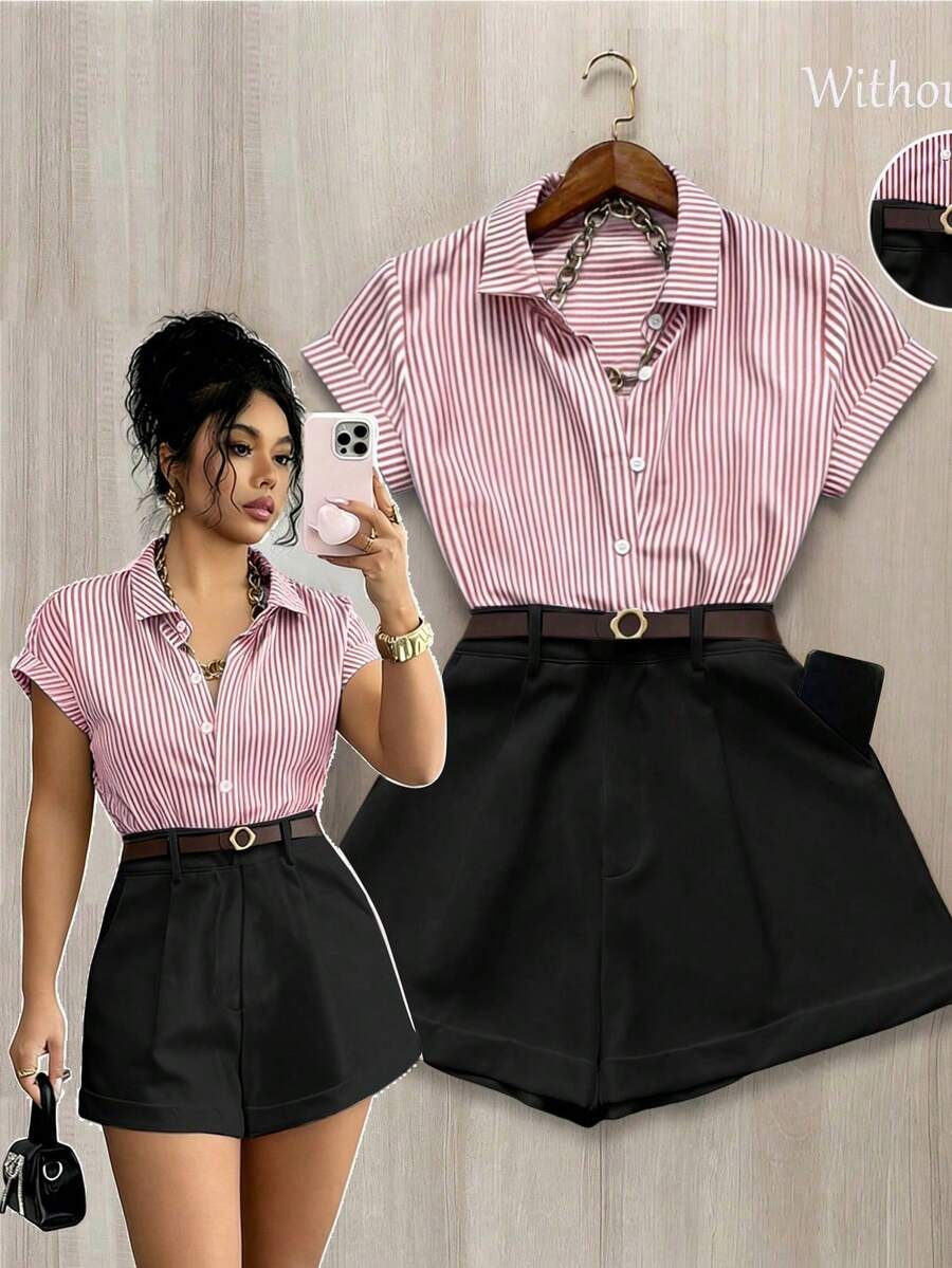 Conjunto de 2 piezas para mujer con bloque de color contrastante, rayas, cuello de solapa y pliegues en la cintura, de manga corta - Rojo - Ver 1
