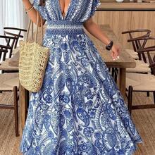 guang zhou mi qian shang mao Weeklong Vestido de mujer de talla grande con cuello en V profundo, manga corta con volantes y estampado de vacaciones - Multicolor - Ver 8