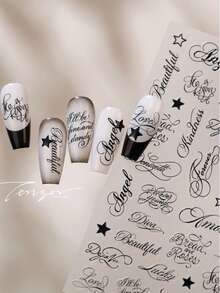 Autocollants pour ongles 5D en relief avec lettres cursives, texte noir & étoiles, décalcomanies pour ongles auto-adhésives, esthétique gothique décadente et cool, décoration DIY pour ongles, convient pour salon de manucure à domicile, accessoires pour ongles artificiels, 1 feuille - Noir et Blanc - Voir 3