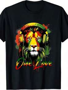 Men's Casual T-Shirt, 1 Piece, With Colorful Lion Headphone Print, Black, Round Neck, Cotton Casual T-Shirt, Medium Elasticity Knit Fabric, Regular Fit - 黑色 - 查看 1