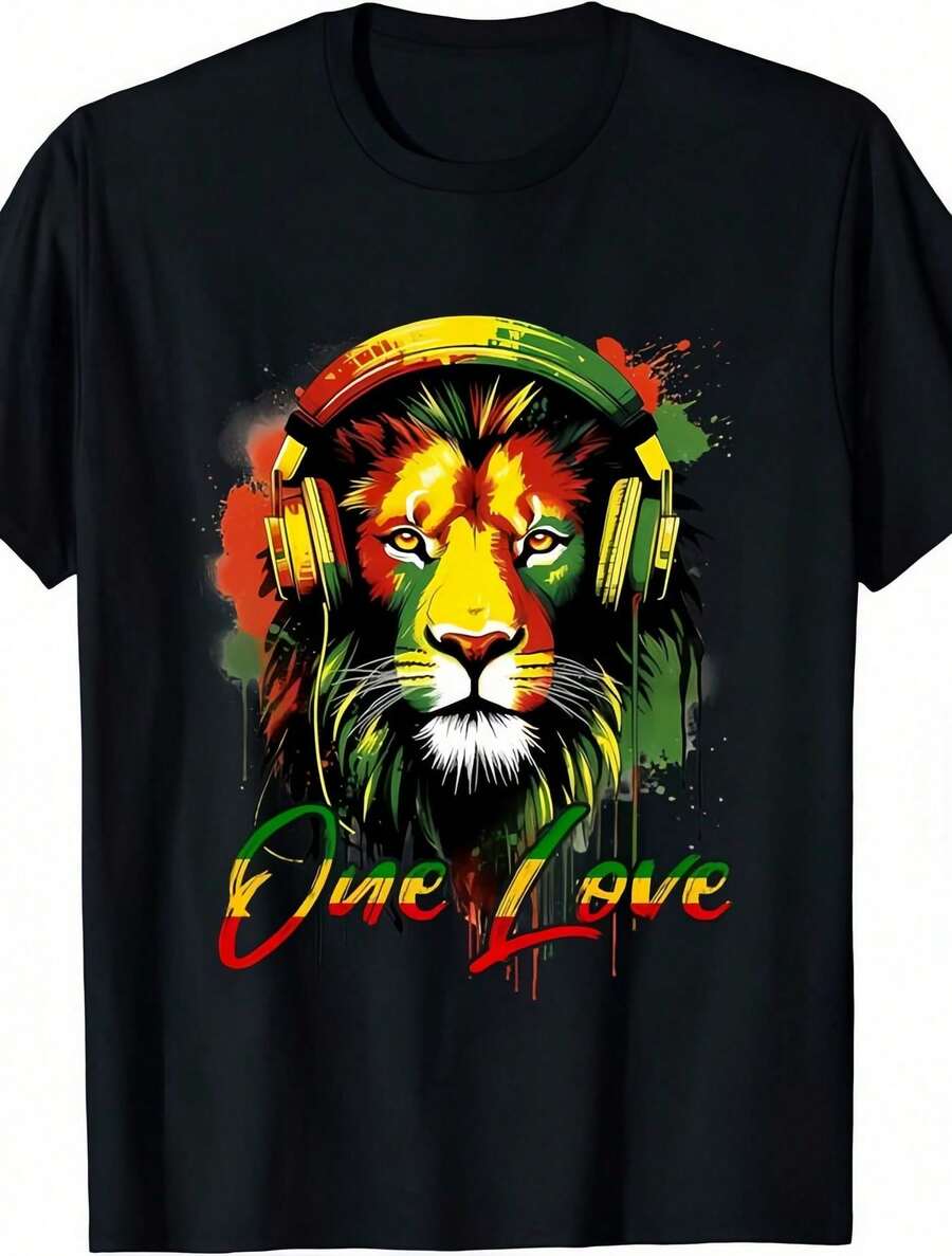 Men's Casual T-Shirt, 1 Piece, With Colorful Lion Headphone Print, Black, Round Neck, Cotton Casual T-Shirt, Medium Elasticity Knit Fabric, Regular Fit - 黑色 - 查看 1