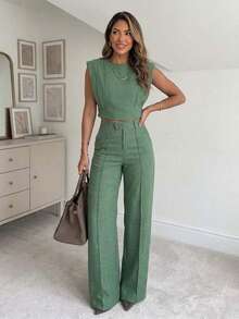 2 Pieces Round Neck Cap Sleeve Crop Top And Casual Pocket Design Straight Pants Set - 綠色 - 查看 4