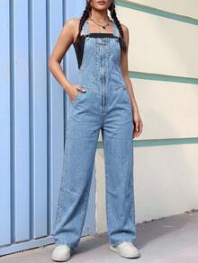Women's Washed Denim Overalls With Front Zipper Design, Loose Straight Leg Jumpsuit, Summer Outfit Casual Fall - Light Wash - View 6