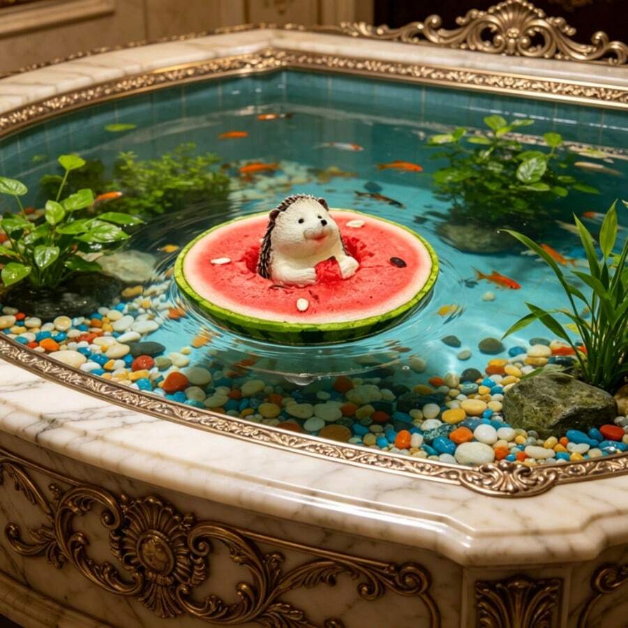 Cute Floating Hedgehog In Watermelon Figurine, Resin Ornament For Fish Tank, Patio Pond And Yard Decor - Floating Watermelon Hedgehog - View 1