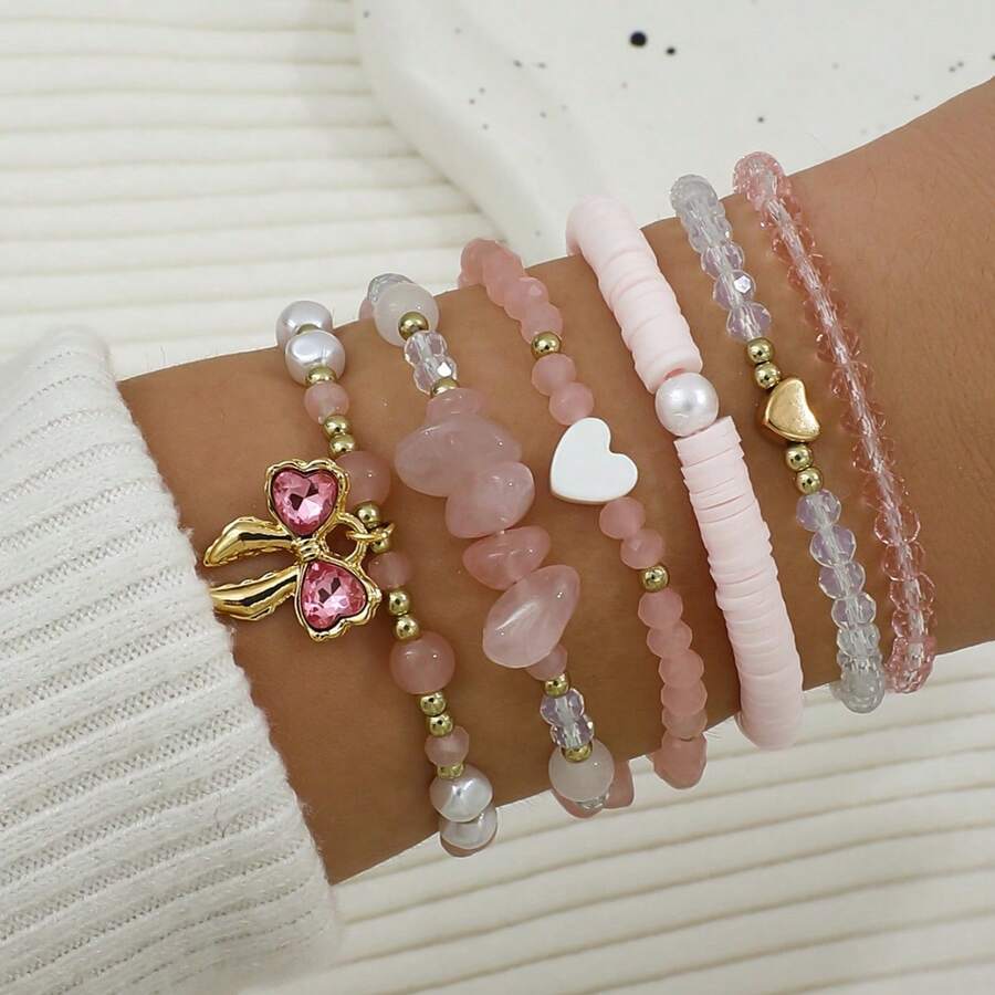 6 Pieces/Set Bohemian Resort Style, Pink Rhinestone Love Bracelet, Diamond Bow, Pink Beads And Pearls Combination, Elastic Cord Hand-Woven Beaded Bracelet Set, Suitable For Women (Number And Position Of Beads Are Random And Not Positioned) - Type a - View 1