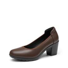 Women's Chunky Round Toe Low Block Heels Work Pumps Elegant Comfortable Solid Color Slip On Wedding Office Gift Festival Shoes - Brown - View 3