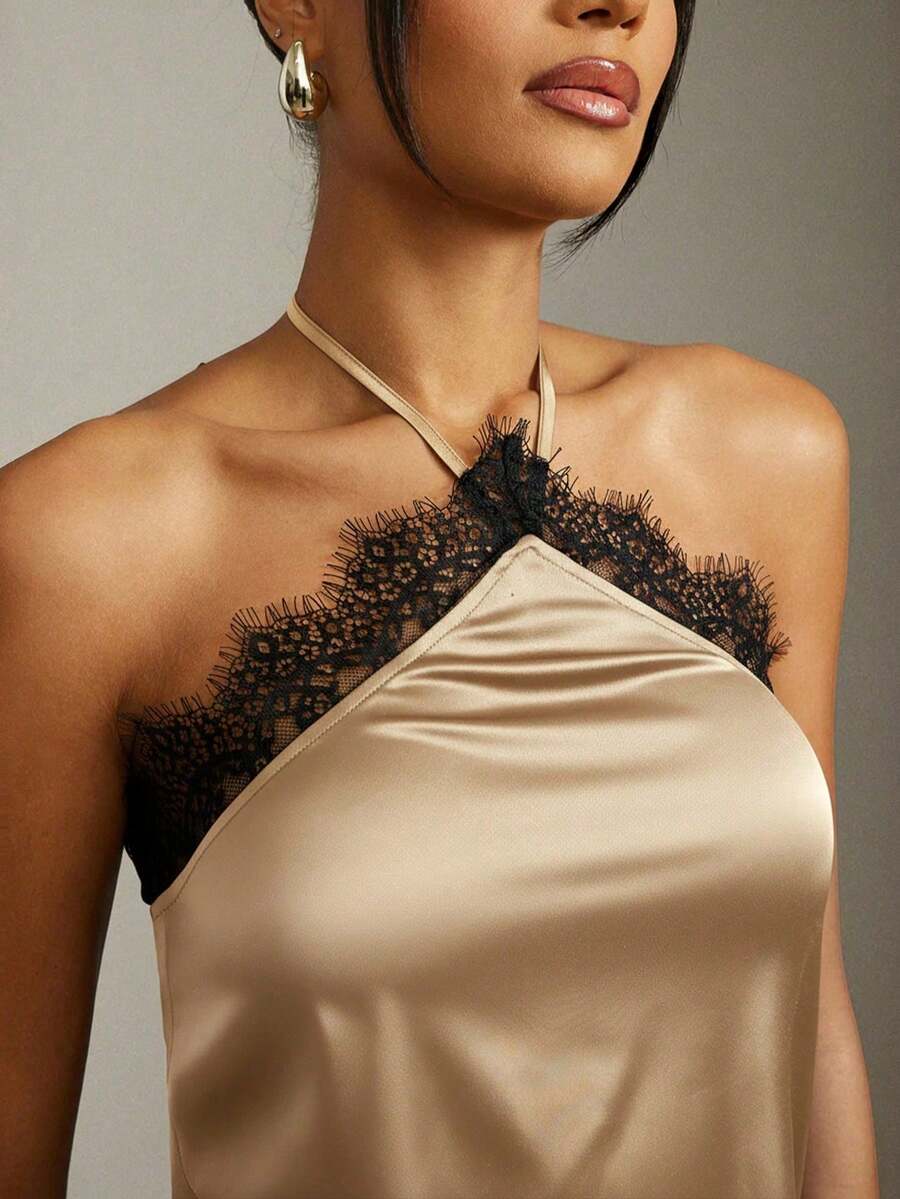 Top de tirantes con detalle de encaje sexy para la oficina en verano - Caqui - Ver 1