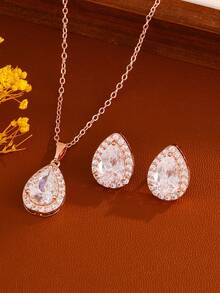 3pcs Classic Round Cubic Zirconia Decor Women's Necklace & Earrings Jewelry Set - Rose Gold - View 6