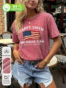 Plus Size Women's Summer Vacation Casual American 4th Of July Independence Day Print Round Neck Short Sleeve Red Washed T-Shirt - Red - View 3