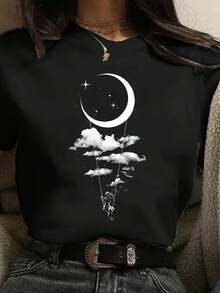 Moon T-Shirt For Women With Cartoon Pattern Print - Black - View 1
