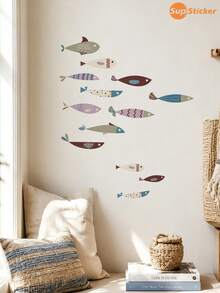SUPSTICKER 1片裝 DIY 海洋魚類牆貼，可撕貼可移除 PVC 牆貼，適用兒童房、臥室、浴室，5款可選，12.8x18.6英吋 - 彩色 - 查看 6