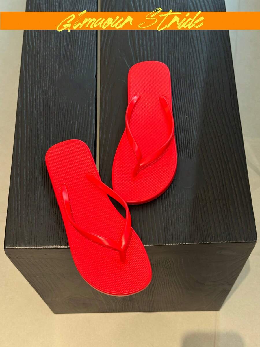 Women's Red Flip Flops, Lightweight Casual Pool/Beach Slippers, Solid Red Color Quick-Dry Beach Sandals, Basic Red Flip Flops Comfortable For Summer - Red - View 1