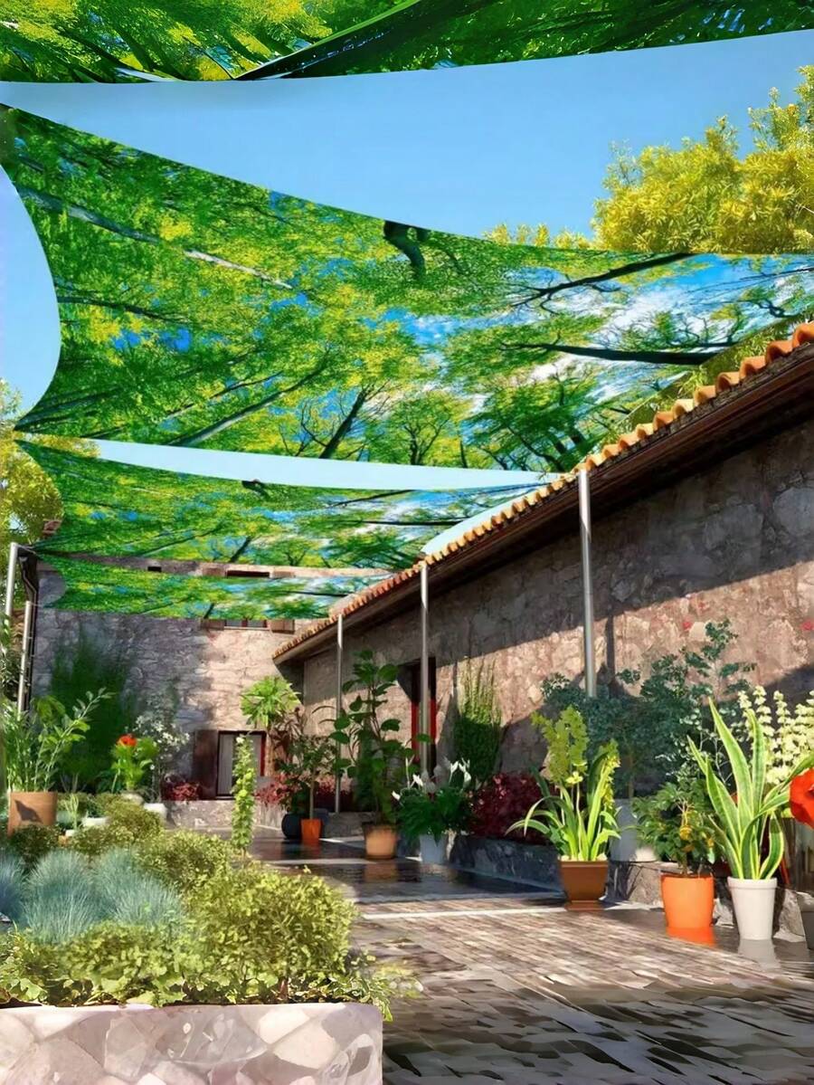 1pc Large Green Canopy Tarp - Heavy Duty Outdoor Sunshade With Tree Branch And Leaf Pattern, All Season, Suitable For Camping, Beach, Garden, Yard, Picnic, Porch, Tent, Awning, Outdoor, Shade Net, Gazebo, RV, Camping Gear - A - View 1