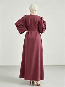 Wine Red Rhinestone Belt Muslim Long Sleeve Full Skirt Dress - Lotus Root Starch - View 3