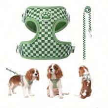 Spring New Plaid Pattern Dog Harness And Leash Set, Made Of Soft And Breathable Mesh Fabric, Anti-Friction Design, Adjustable Size, Suitable For Small Dogs - Stylish And Comfortable, Perfect For Daily Walks And Training. - Green - View 1