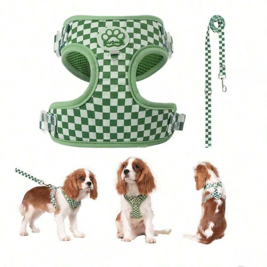 Spring New Plaid Pattern Dog Harness And Leash Set, Made Of Soft And Breathable Mesh Fabric, Anti-Friction Design, Adjustable Size, Suitable For Small Dogs - Stylish And Comfortable, Perfect For Daily Walks And Training. - Green - View 1